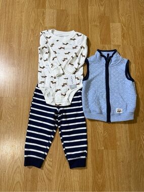 Carter's Puppy Print Bodysuit with Navy Stripe Pants & Light Blue Vest - 18m